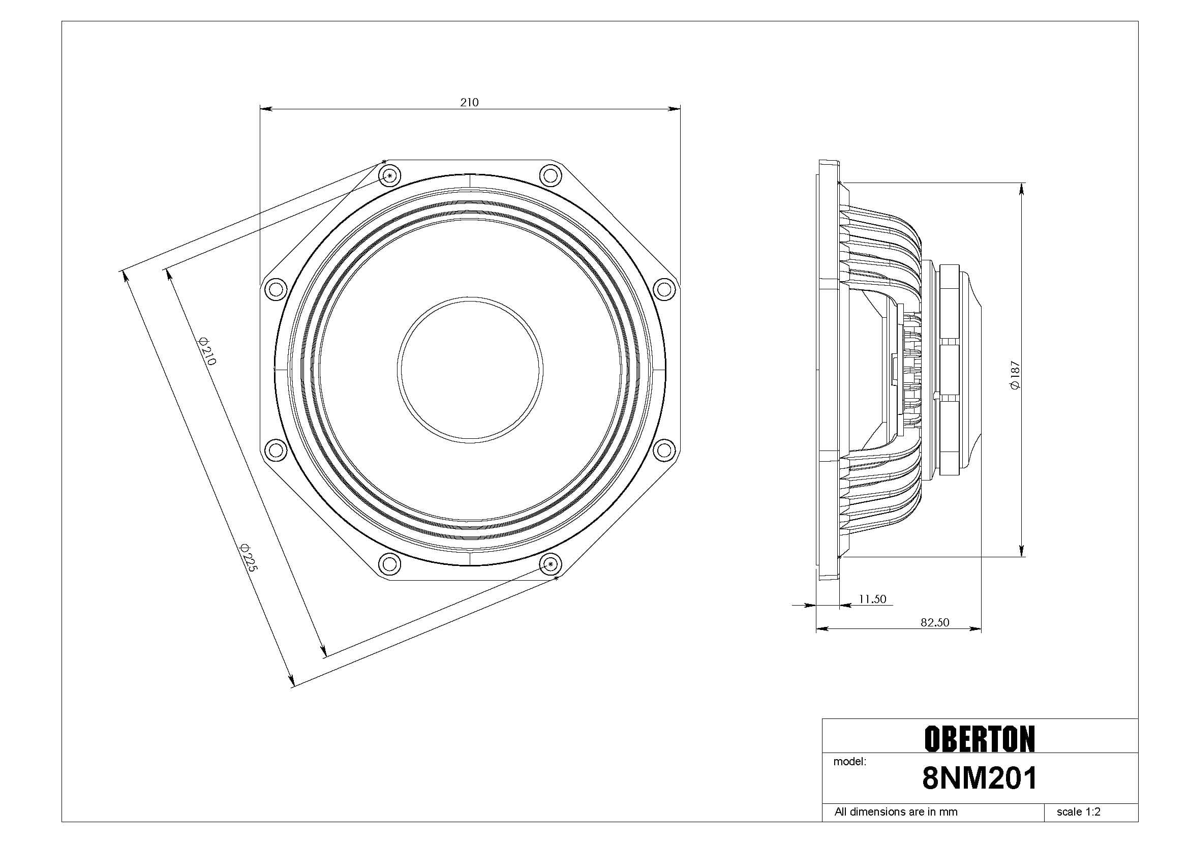 Oberton 8NM201 8 inch 8 ohm loudspeaker driver view 3