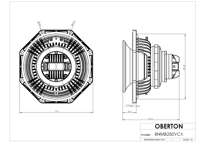 Oberton 8MVCX (8NMB250VCX) 8 inch 8 ohm loudspeaker driver view 3