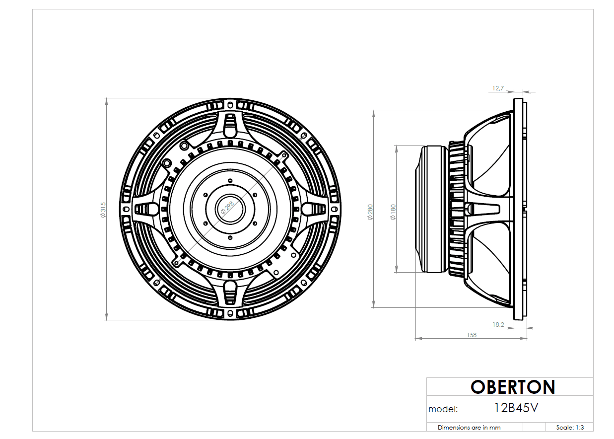 Oberton 12B45V 12 inch 8 ohm loudspeaker driver view 3