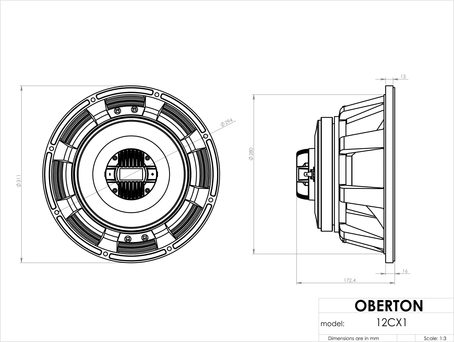 Oberton 12CX1 12 inch 8 ohm loudspeaker driver view 3
