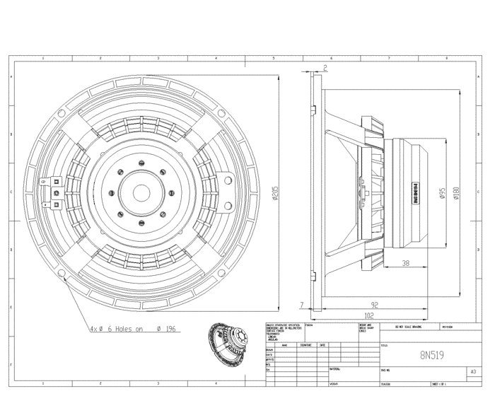 BMS 8N519 8 inch 8 ohm loudspeaker driver view 3