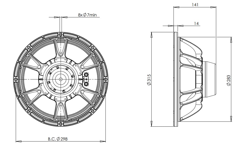B&C 12NDL76 12 inch 16 ohm loudspeaker driver view 3